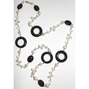 Sterling Silver 925 Cultured Pearl Black Agate Beaded Necklace 34"